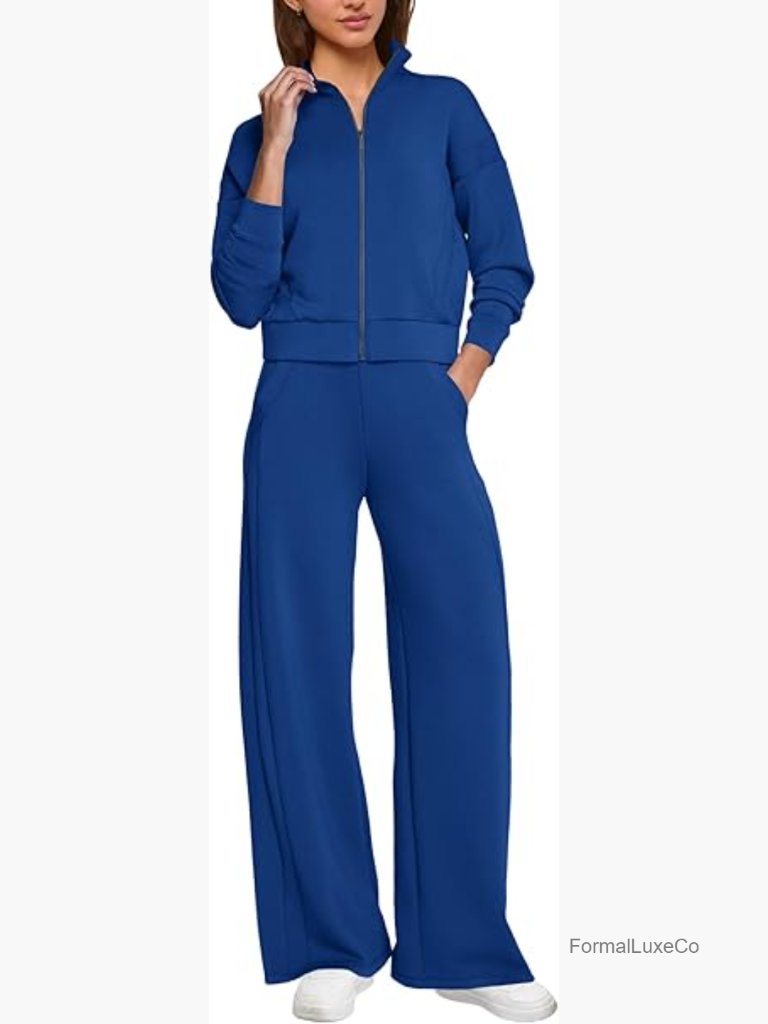 2 Piece Sweatsuit: Zip Up Cropped Hoodie & Wide Leg Sweatpants